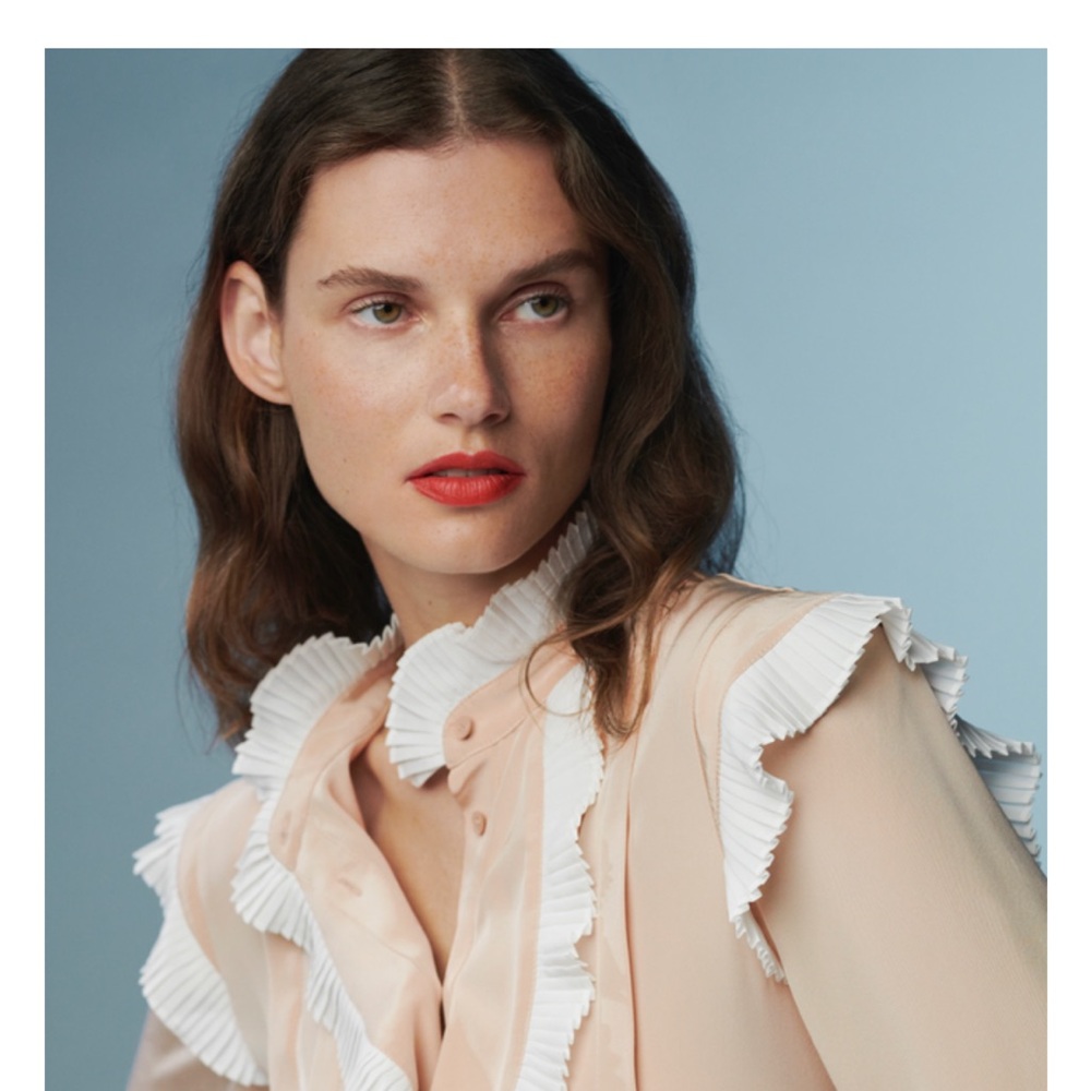 The Fold London Elegant Tan Blouse with White Ruffle Details
